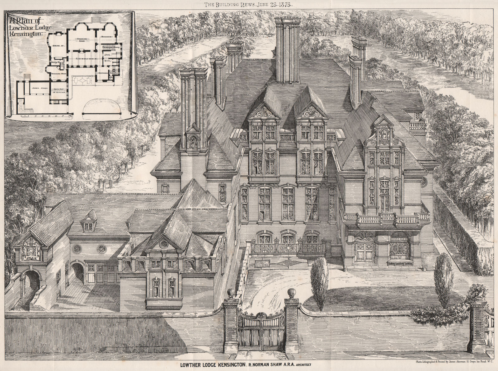 Lowther Lodge, Kensington; R. Norman Shaw A.R.A. Architect. London 1875 print